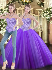 High Class Eggplant Purple Tulle Lace Up Sweetheart Sleeveless Floor Length Quinceanera Gowns Beading