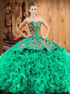 Turquoise Ball Gowns Embroidery Sweet 16 Dresses Lace Up Fabric With Rolling Flowers Sleeveless