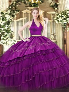 Floor Length Fuchsia Ball Gown Prom Dress Organza and Taffeta Sleeveless Embroidery and Ruffled Layers