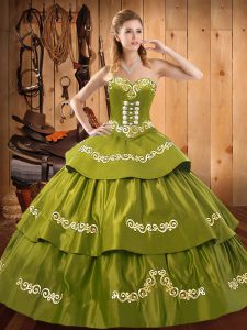 Customized Olive Green Ball Gowns Sweetheart Sleeveless Taffeta Floor Length Lace Up Embroidery and Ruffled Layers Quinc