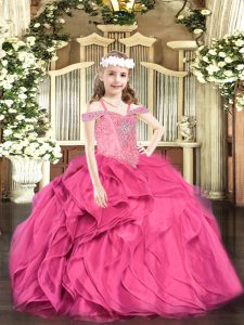 Perfect Sleeveless Organza Floor Length Lace Up Pageant Dress in Hot Pink with Beading and Ruffles