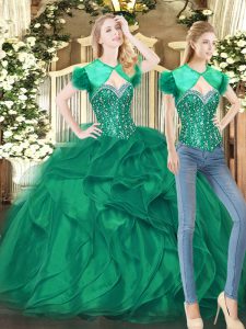 High Class Dark Green Tulle Lace Up 15 Quinceanera Dress Sleeveless Floor Length Beading and Ruffles