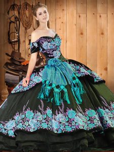 Unique Ball Gowns 15th Birthday Dress Black Off The Shoulder Organza Short Sleeves Floor Length Lace Up