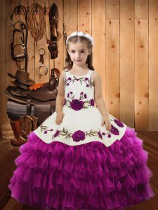 Fuchsia Lace Up Custom Made Pageant Dress Embroidery and Ruffled Layers Sleeveless Floor Length