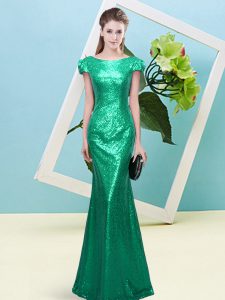 Turquoise Mermaid Sequins Juniors Evening Dress Zipper Sequined Cap Sleeves Floor Length