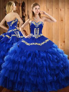 Blue Ball Gowns Satin and Organza Sweetheart Sleeveless Embroidery and Ruffled Layers Floor Length Lace Up Sweet 16 Dres