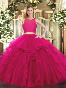Elegant Fuchsia Sleeveless Floor Length Ruffles Zipper Ball Gown Prom Dress