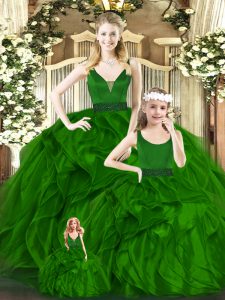 Green Zipper Quince Ball Gowns Beading and Ruffles Sleeveless Floor Length