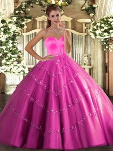 Hot Pink Sweetheart Lace Up Beading and Appliques Quinceanera Gowns Sleeveless