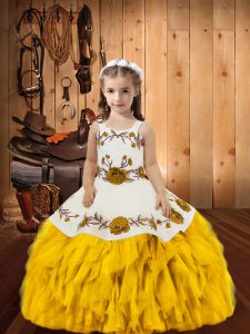 Great Gold Ball Gowns Straps Sleeveless Organza Floor Length Lace Up Embroidery and Ruffles Kids Pageant Dress