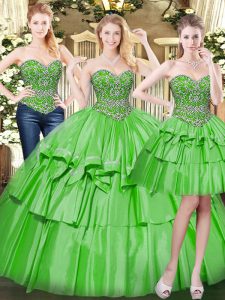 Trendy Floor Length Lace Up 15th Birthday Dress Green for Military Ball and Sweet 16 and Quinceanera with Beading and Ru