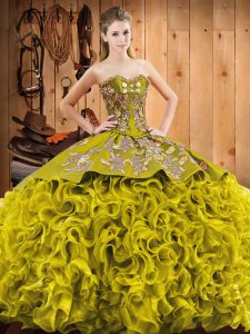 Sleeveless Fabric With Rolling Flowers Court Train Lace Up Quinceanera Gown in Olive Green with Embroidery