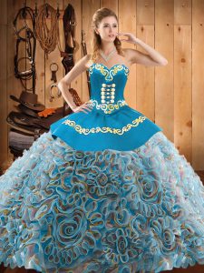 Satin and Fabric With Rolling Flowers Sweetheart Sleeveless Sweep Train Lace Up Embroidery Vestidos de Quinceanera in Mu