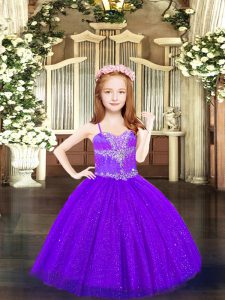 Floor Length Purple Little Girls Pageant Gowns Spaghetti Straps Sleeveless Lace Up