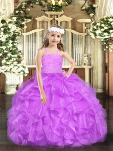 Lavender Zipper Little Girl Pageant Gowns Beading and Lace and Ruffles Sleeveless Floor Length