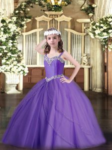 Lavender Sleeveless Sweep Train Beading Little Girls Pageant Dress