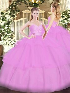 Beauteous Lilac Ball Gowns Sweetheart Sleeveless Organza Floor Length Lace Up Beading and Ruffled Layers Sweet 16 Quince