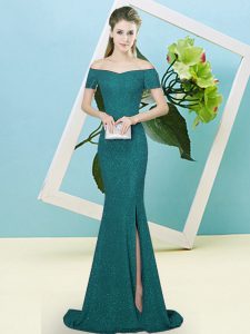 Shining Turquoise Zipper Prom Gown Sequins Short Sleeves Sweep Train