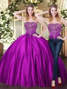 Wonderful Purple Ball Gowns Sweetheart Sleeveless Tulle Floor Length Lace Up Beading Quinceanera Dresses