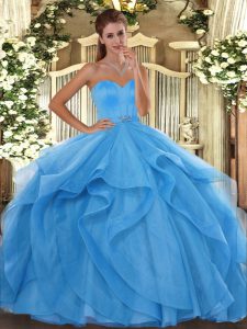 Baby Blue Sleeveless Tulle Lace Up 15th Birthday Dress for Military Ball and Sweet 16 and Quinceanera