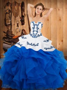 Flirting Blue Strapless Neckline Embroidery and Ruffles Ball Gown Prom Dress Sleeveless Lace Up