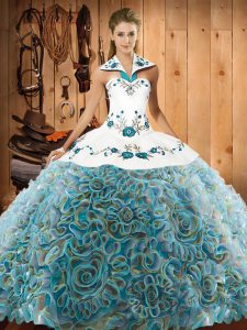 Halter Top Sleeveless Fabric With Rolling Flowers Quinceanera Gown Embroidery Sweep Train Lace Up