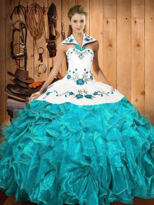 Traditional Satin and Organza Sleeveless Floor Length 15 Quinceanera Dress and Embroidery and Ruffles