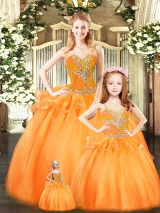 Romantic Orange Red Tulle Lace Up Sweetheart Sleeveless Floor Length Quinceanera Dresses Beading and Ruffles