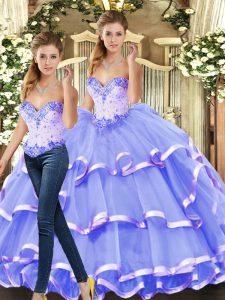 Stunning Lavender Ball Gowns Beading and Ruffled Layers 15th Birthday Dress Lace Up Tulle Sleeveless Floor Length