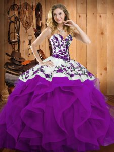 Elegant Sweetheart Sleeveless Satin and Organza 15 Quinceanera Dress Embroidery and Ruffles Lace Up