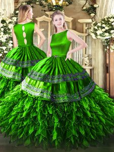 Satin and Organza Scoop Sleeveless Clasp Handle Ruffles Quinceanera Dress in Green