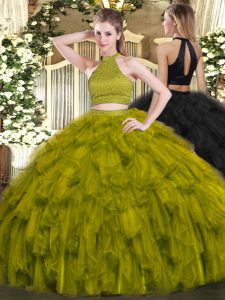 Chic Sleeveless Organza Floor Length Backless Quinceanera Gowns in Olive Green with Beading and Ruffles