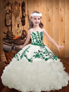 White Organza Lace Up Straps Sleeveless Pageant Dresses Brush Train Embroidery and Ruffles