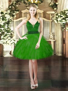 Modest Green Tulle Lace Up V-neck Sleeveless Mini Length Prom Evening Gown Beading and Ruffles