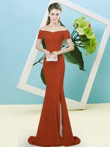 Pretty Rust Red Mermaid Off The Shoulder Short Sleeves Sequined Sweep Train Zipper Sequins Evening Dress