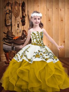 Gold Little Girls Pageant Gowns Sweet 16 and Quinceanera with Embroidery and Ruffles Straps Sleeveless Lace Up