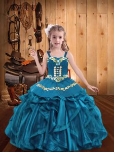 Enchanting Teal Straps Neckline Embroidery and Ruffles Kids Pageant Dress Sleeveless Lace Up