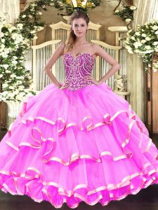 Rose Pink Ball Gowns Organza Sweetheart Sleeveless Beading and Ruffled Layers Floor Length Lace Up Sweet 16 Quinceanera 