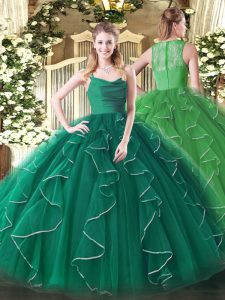 Sophisticated Sleeveless Floor Length Ruffles Zipper Quinceanera Dress with Dark Green