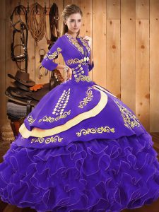 Great Purple Strapless Neckline Embroidery and Ruffled Layers Sweet 16 Quinceanera Dress Sleeveless Lace Up