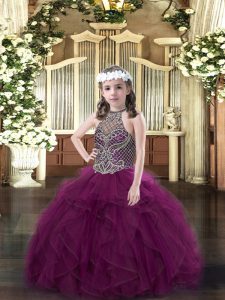 Beading and Ruffles Kids Formal Wear Purple Lace Up Sleeveless Floor Length