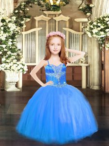Best Blue Sleeveless High Low Beading Lace Up Pageant Dress Toddler