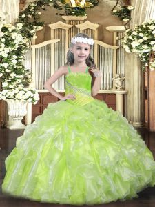 Sleeveless Organza Floor Length Lace Up Girls Pageant Dresses in Yellow Green with Beading and Ruffles