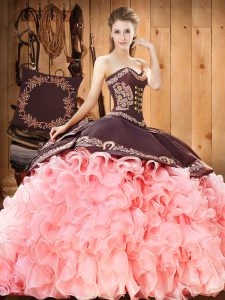 Romantic Embroidery and Ruffles Quince Ball Gowns Pink Lace Up Sleeveless Court Train