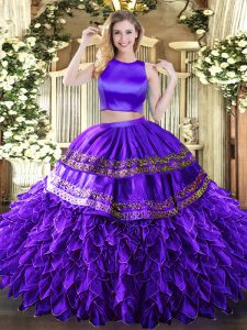 Sleeveless Floor Length Ruffles and Sequins Criss Cross Quince Ball Gowns with Purple