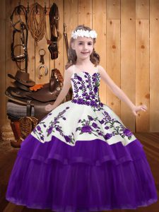Purple Ball Gowns Embroidery Kids Formal Wear Lace Up Organza Sleeveless Floor Length