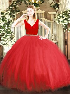 Modern Sleeveless Floor Length Beading Zipper Quinceanera Dresses with Red