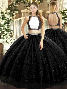 Wonderful Floor Length Black Quinceanera Gowns Tulle Sleeveless Ruching