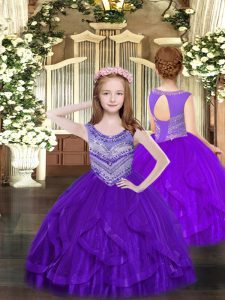 Beautiful Purple Ball Gowns Scoop Sleeveless Tulle Floor Length Lace Up Beading and Ruffles Kids Formal Wear