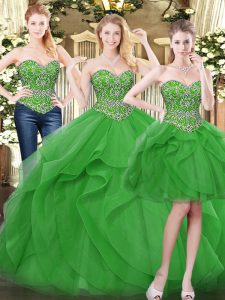 Green Tulle Lace Up Sweetheart Sleeveless Floor Length Sweet 16 Quinceanera Dress Beading and Ruffles